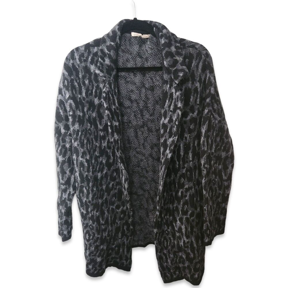 Vintage Italy Black Wool Leopard Print Long Cardigan Sweater Minimalist L